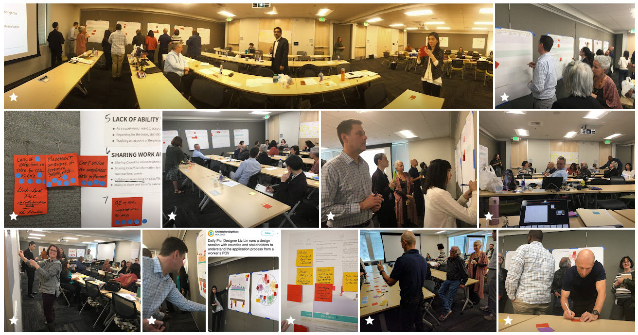 A collage of one of the worksops with the county reps, showing interviews activities like walk throughts, stickies, dot votes, and group discussions. 