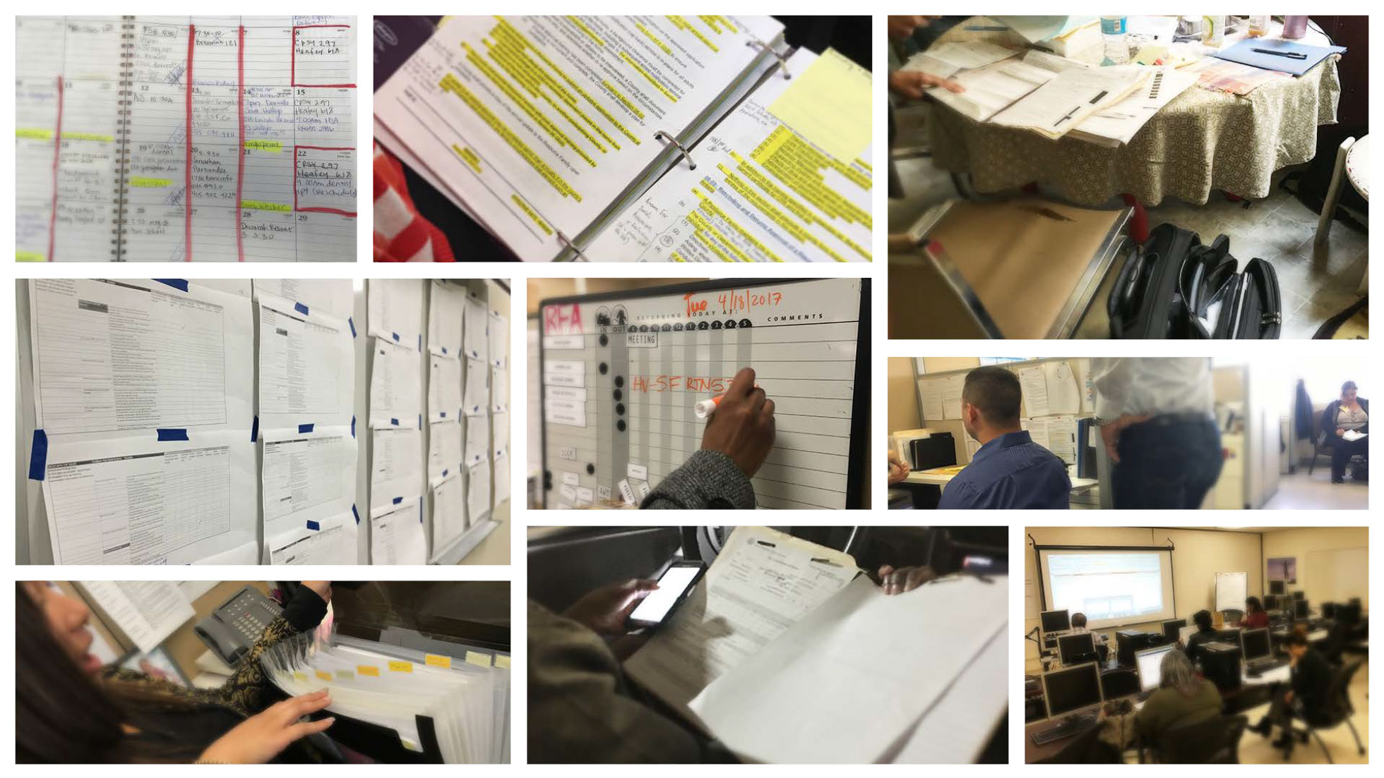 A collage of one of the county visits, showing interviews at county worker cubicle, training lab, home visit at RFA application's home, file folders, and whiteboard for home visits.